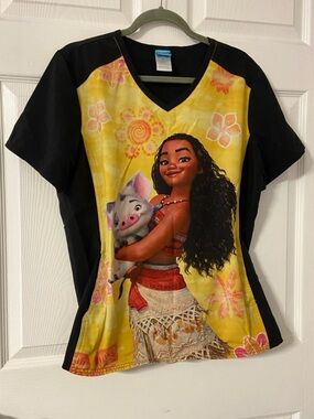 DISNEY Black CHEROKEE TOONIFORM MOANA Scrub Top
